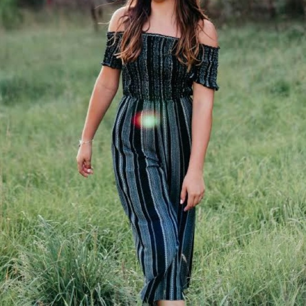 Striped Off the Shoulder Wide Leg Jumpsuit